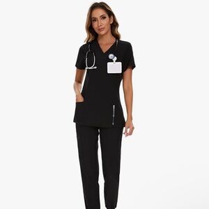 Black, Dark Grey, Light Gray Women's Scrub Set